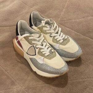 Philippe Model Cream and Silver Glitter Sneakers